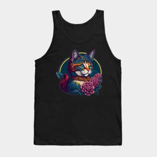 Paws and Petals: Charming Cartoon Cat in a Collar and Floral Finery Tank Top